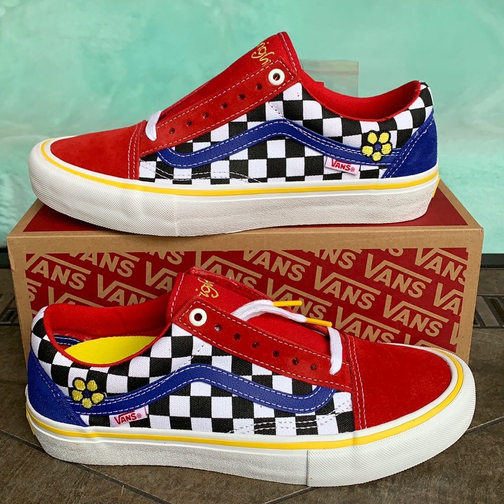 Vans Red Black White Checkerboard Blue Yellow Floral Low-Top Sneakers